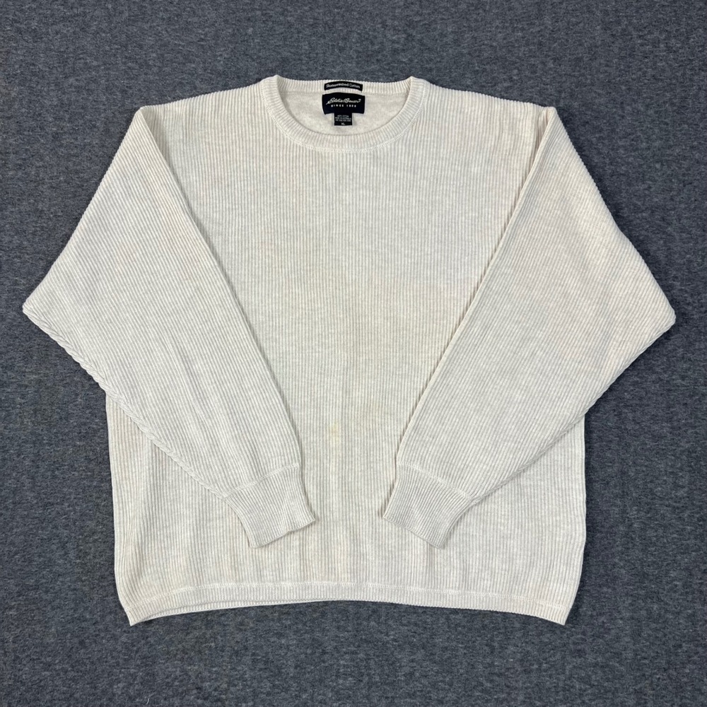 Vintage 90s Eddie Bauer Stonewashed Cotton Knit Ribbed Sweater Mens XL Oatmeal